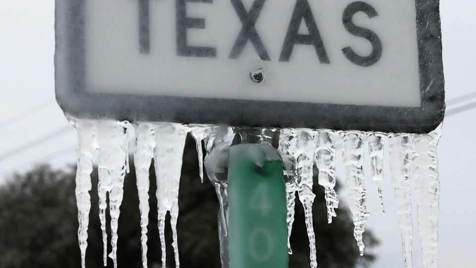 Icicles hang off the State Highway 195 sign on February 18, 2021 in Killeen, Texas. The first freeze of the season, which usually happens in late-fall, tends to be much less impactful than the February 2021 deep freeze.