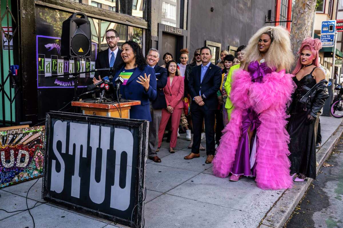 Mayor London Breed, center, speaks during the unveiling of the new location of LGBTQ bar the Stud on Folsom Street in San Francisco on Sept. 5.