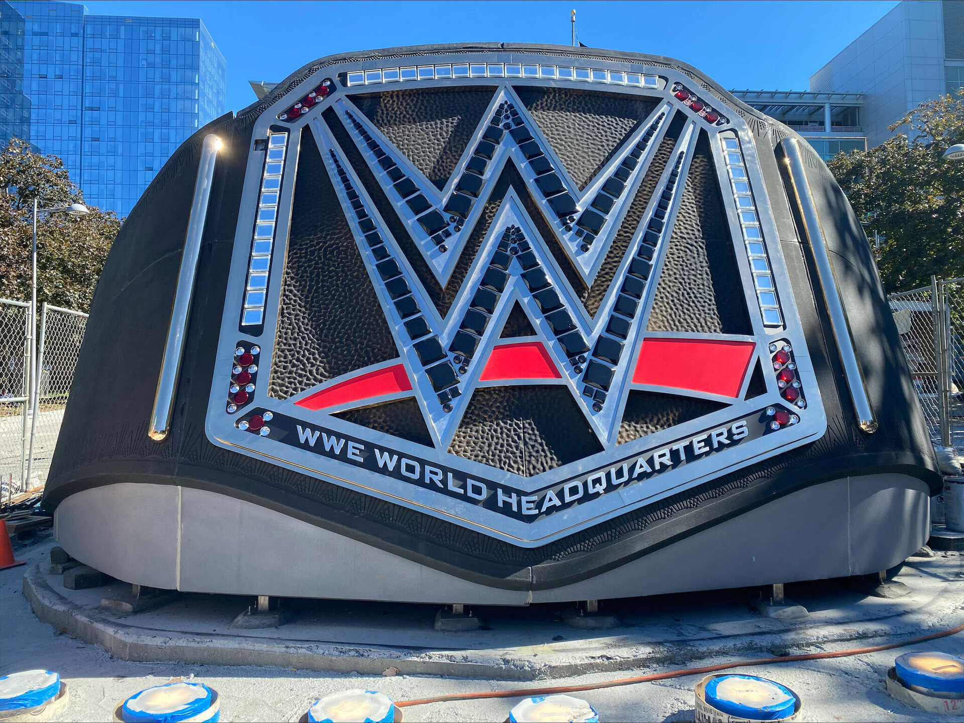 Stamford's giant WWE championship belt sculpture awing passersby
