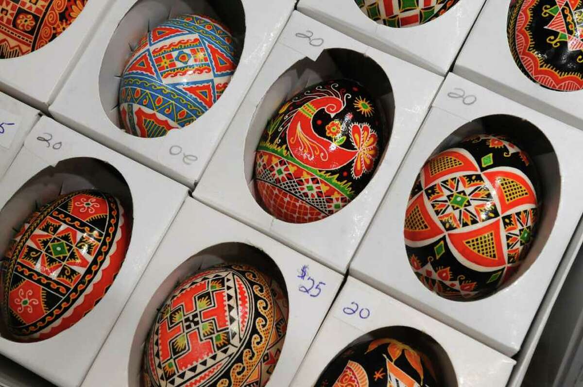 These hand-painted eggs, pysanky, were painted in the Ukraine, and were for sale by the Ukrainian National Women's League of America, Branch 99 of Watervliet, during the 39th annual Festival of Nations at the Empire State Plaza Convention Center in Albany on Sunday October 24, 2010. The eggs are real, with their contents removed. ( Philip Kamrass / Times Union )