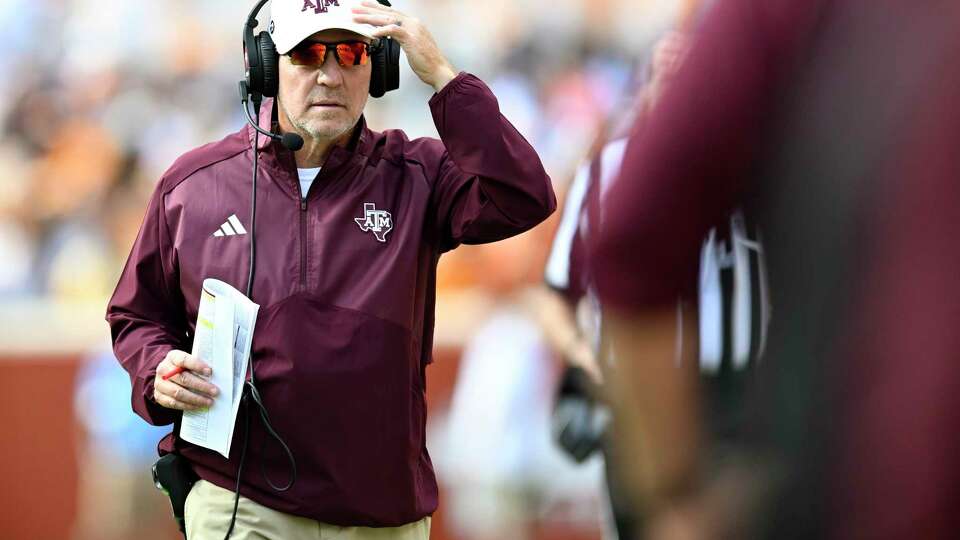 KNOXVILLE, TENNESSEE - OCTOBER 14: Head coach Jimbo Fisher of the Texas A&M Aggies stands on the sidelines against the Tennessee Volunteers in the second quarter at Neyland Stadium on October 14, 2023 in Knoxville, Tennessee.