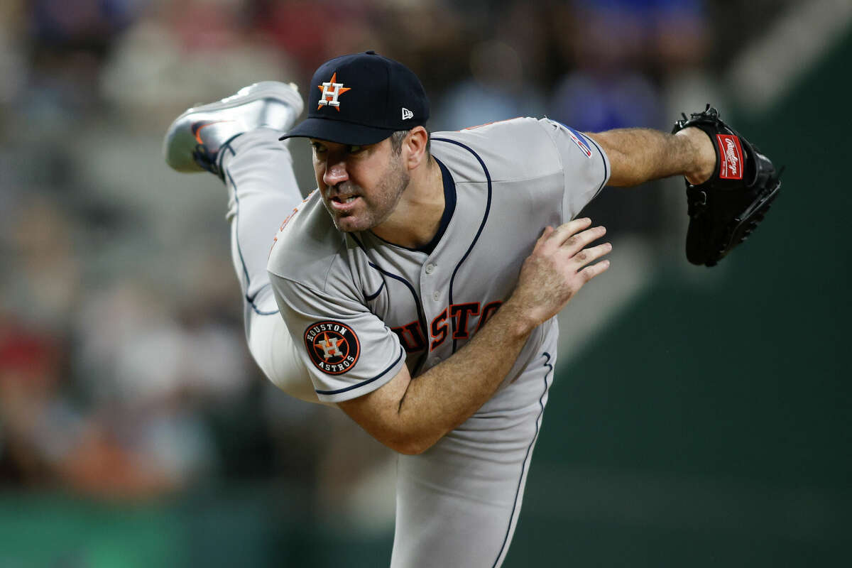 Justin Verlander #35 of the Houston Astros pitches during the game between the Houston Astros and the Texas Rangers at Globe Life Field on Wednesday, September 6, 2023 in Arlington, Texas.