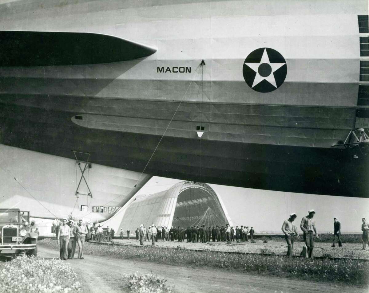 The USS Macon Navy airship prepares for a flight at Moffett Field in a 1930s photo.