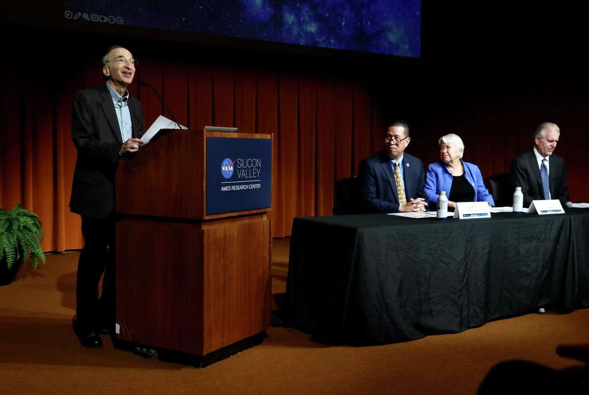 Nobel Laureate Saul Perlmutter, left, NASA Ames Research Center Director Eugene Tu, UC Berkeley Chancellor Carol Christ and SKS Partners co-founder Dan Kingsley at a news conference announcing the Berkeley Space Center at NASA Research Park on Monday, Oct. 16.