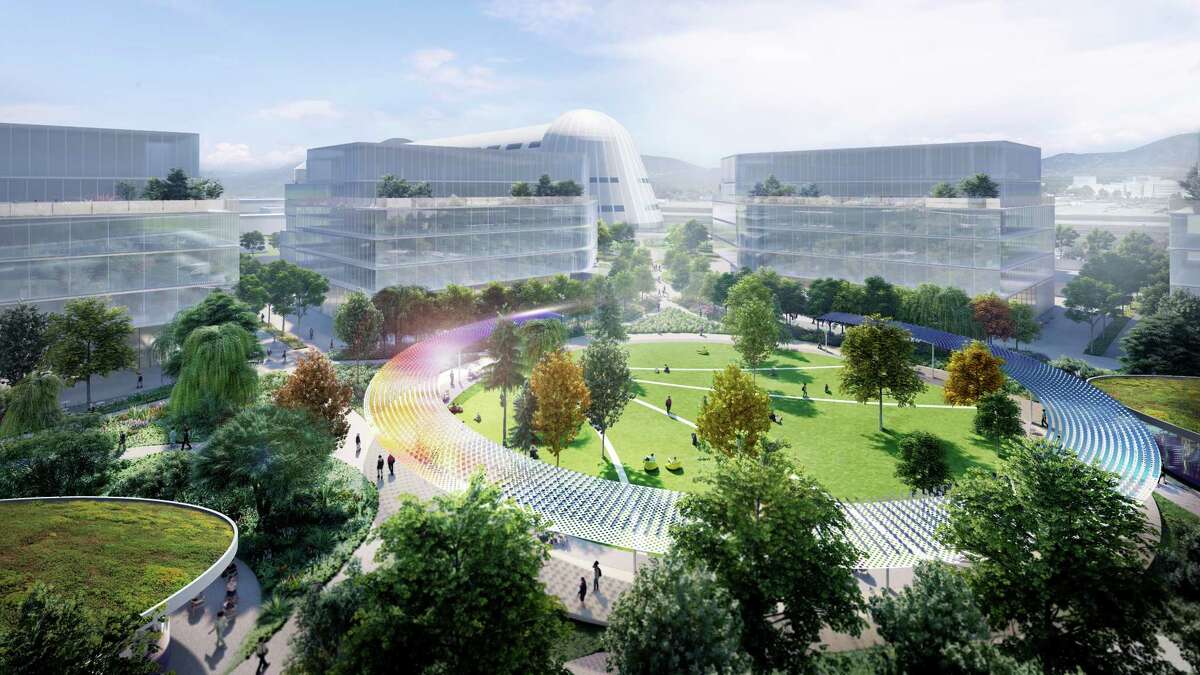 UC Berkeley is unveiling a giant $2 billion space research complex in Stanford University’s backyard near the NASA Ames Research Center that could cement California’s primacy in space technology. This rendering shows what the center may look like. 