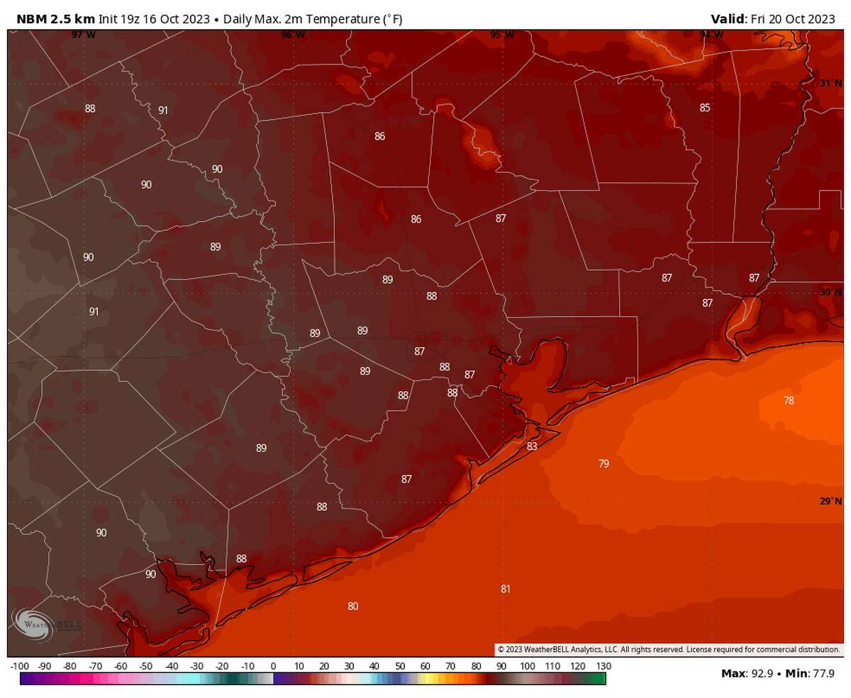 Temperatures by Friday afternoon will reach close to 90 degrees in and around Houston. This isn’t unprecedented for mid-October, but it is above average, as daily records are in the lower 90s.