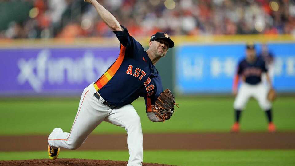 Houston Astros relief pitcher Ryan Pressly (55) delivers in the ninth inning during Game 2 of the American League Championship Series at Minute Maid Park on Monday, Oct. 16, 2023, in Houston.