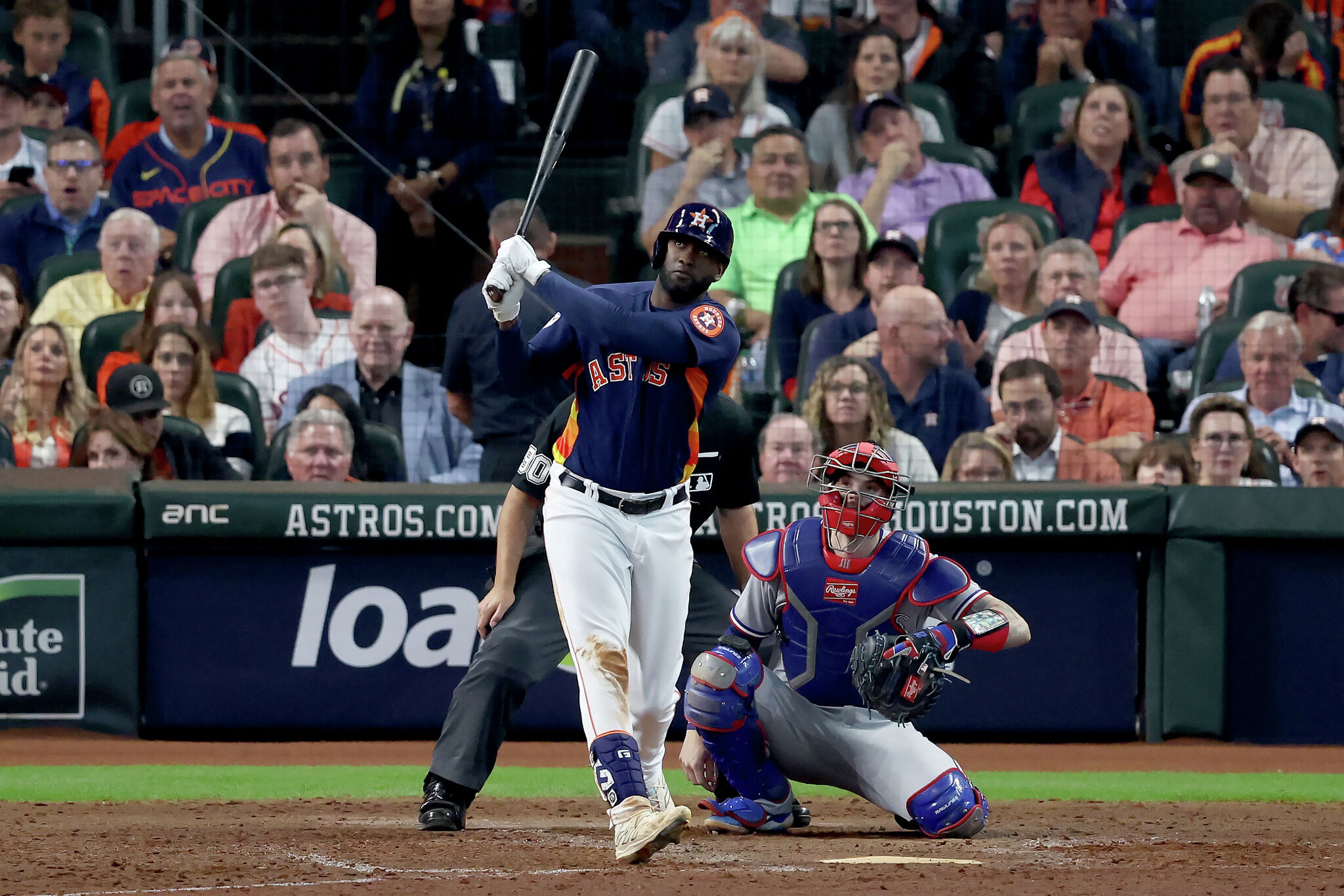 Yordan Alvarez of the Houston Astros flips his bat after hitting a News  Photo - Getty Images