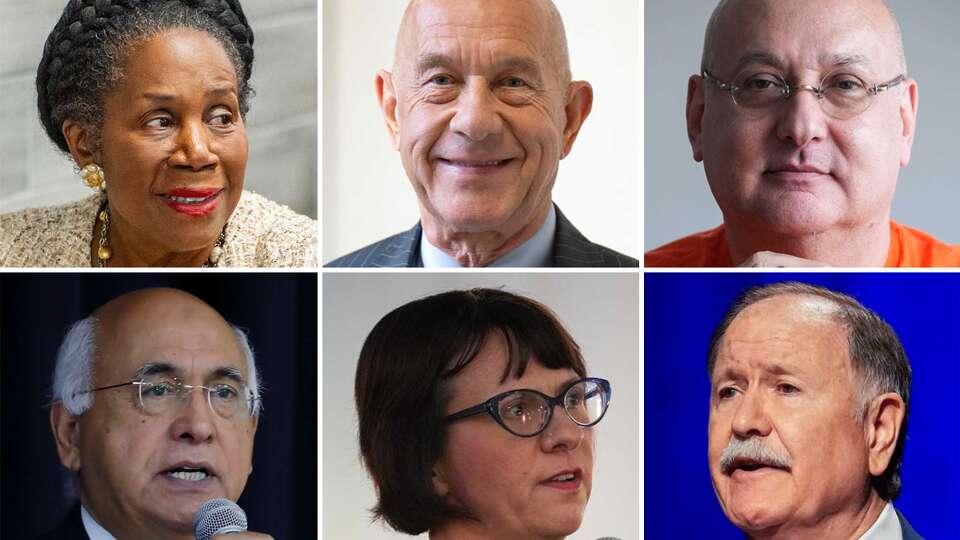 Houston mayoral candidates Sheila Jackson Lee, top left, John Whitmire, top center, Gilbert Garcia, top right, M.J. Khan, bottom left, Annie Garcia, bottom center, and Lee Kaplan, bottom right, are pictured together in this composite photo.