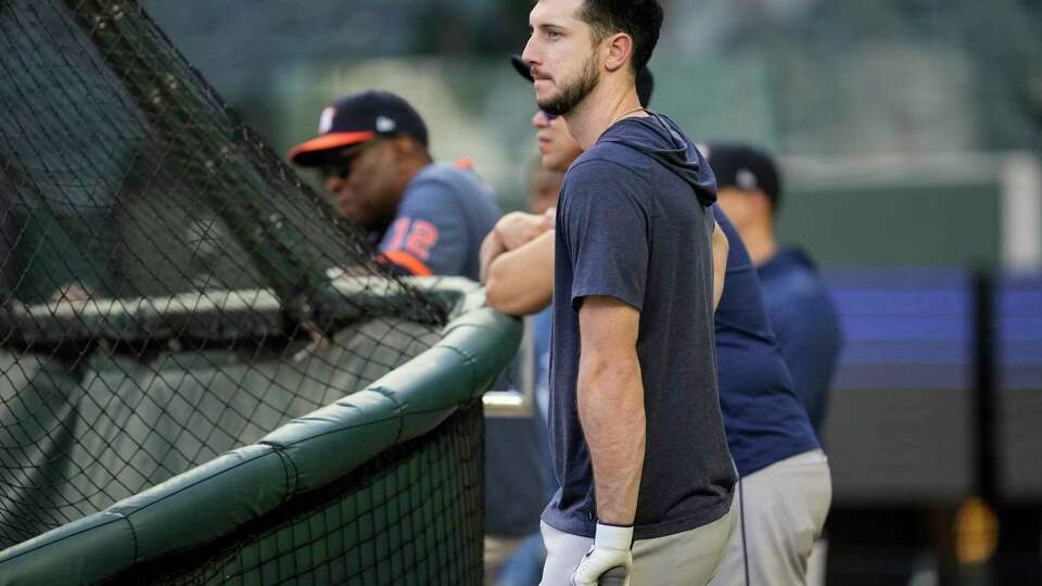 Houston Astros Kyle Tucker watches batting practice at Globe Life Field during a workout before game three of the American League Championship Series on Tuesday, Oct. 17, 2023, in Arlington.