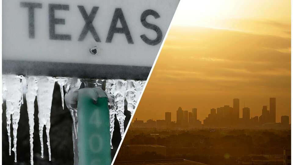 LEFT:  Icicles hang off the State Highway 195 sign on February 18, 2021 in Killeen, Texas. RIGHT: Downtown Houston skyline on a hot day in May 2016.