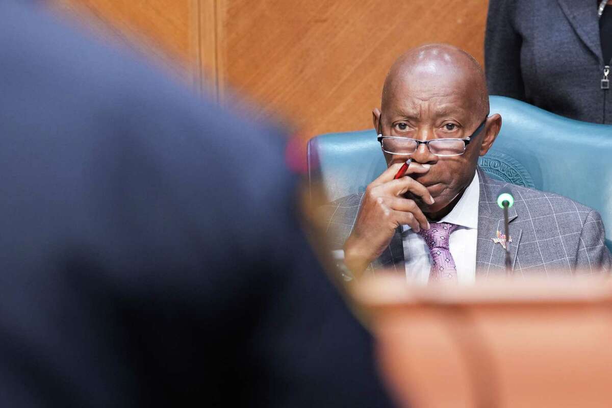 Houston Mayor Sylvester Turner listens to Houston Police Dept. Chief Troy Finner as he addresses the Houston City Council on the latest HPD statistics on Wednesday, Oct. 18, 2023 in Houston.