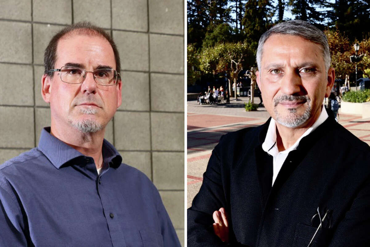 From left, UC Berkeley professors Ron Hassner, a political science professor who chairs the university’s Israel Studies department, and Hatem Bazian, a lecturer on Palestine and post-colonial studies, disagree strongly about what’s happening in Israel and Palestine. But rising campus tensions amid the international conflict brought the scholars to a joint decision.