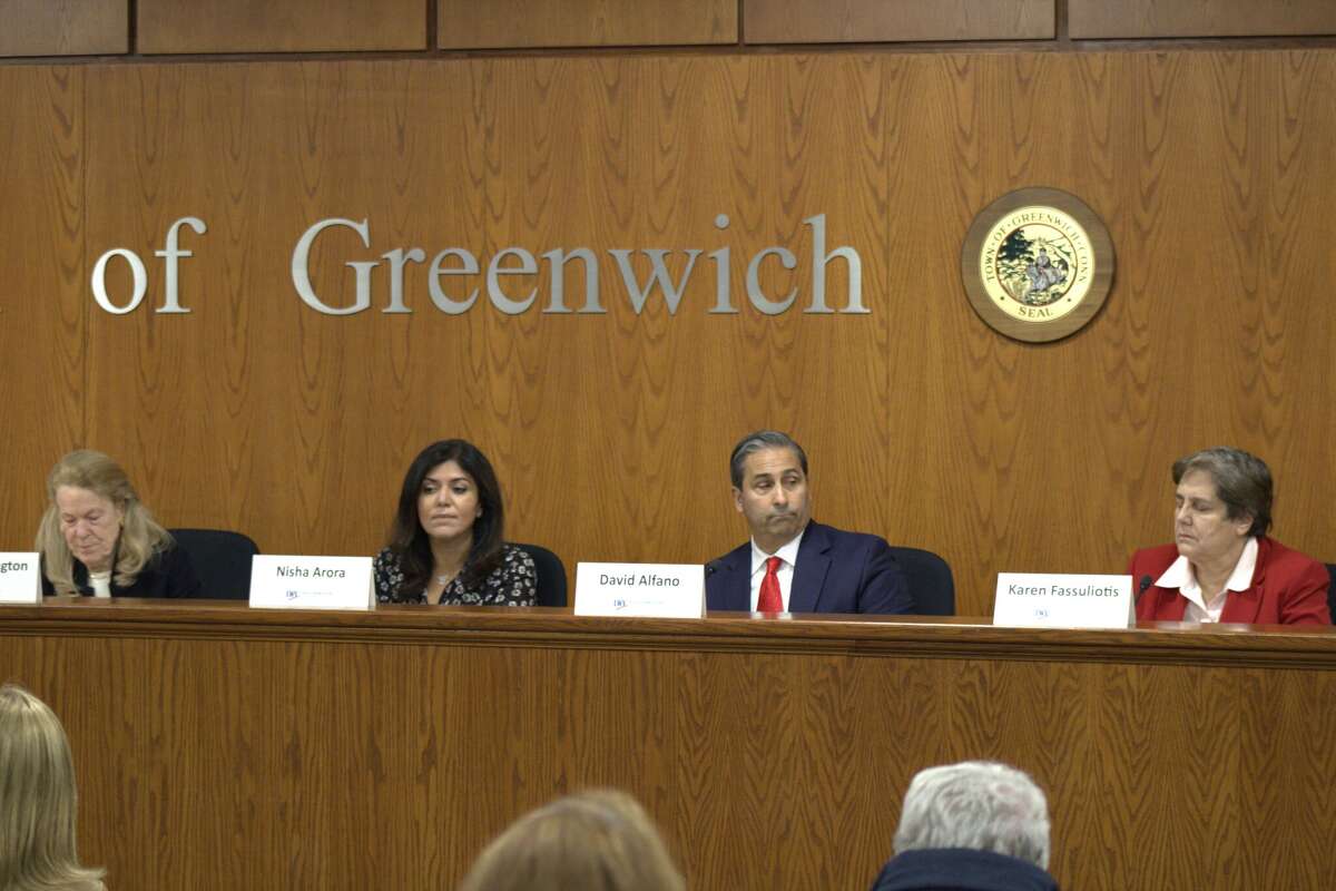 Republicans candidates for the Board of Estimate and Taxation, including Leslie Tarkington, left, Nisha Arora, David Alfano and Karen Fassuliotis, debated Democrats at Greenwich Town Hall on Oct. 18, 2023. The election is on Nov. 7.