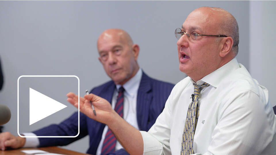 Mayoral candidates state Senator John Whitmire (left) and Gilbert Garcia (right) discuss crime at the screening with the Houston Chronicle Editorial Board on Monday, October 2, 2023.