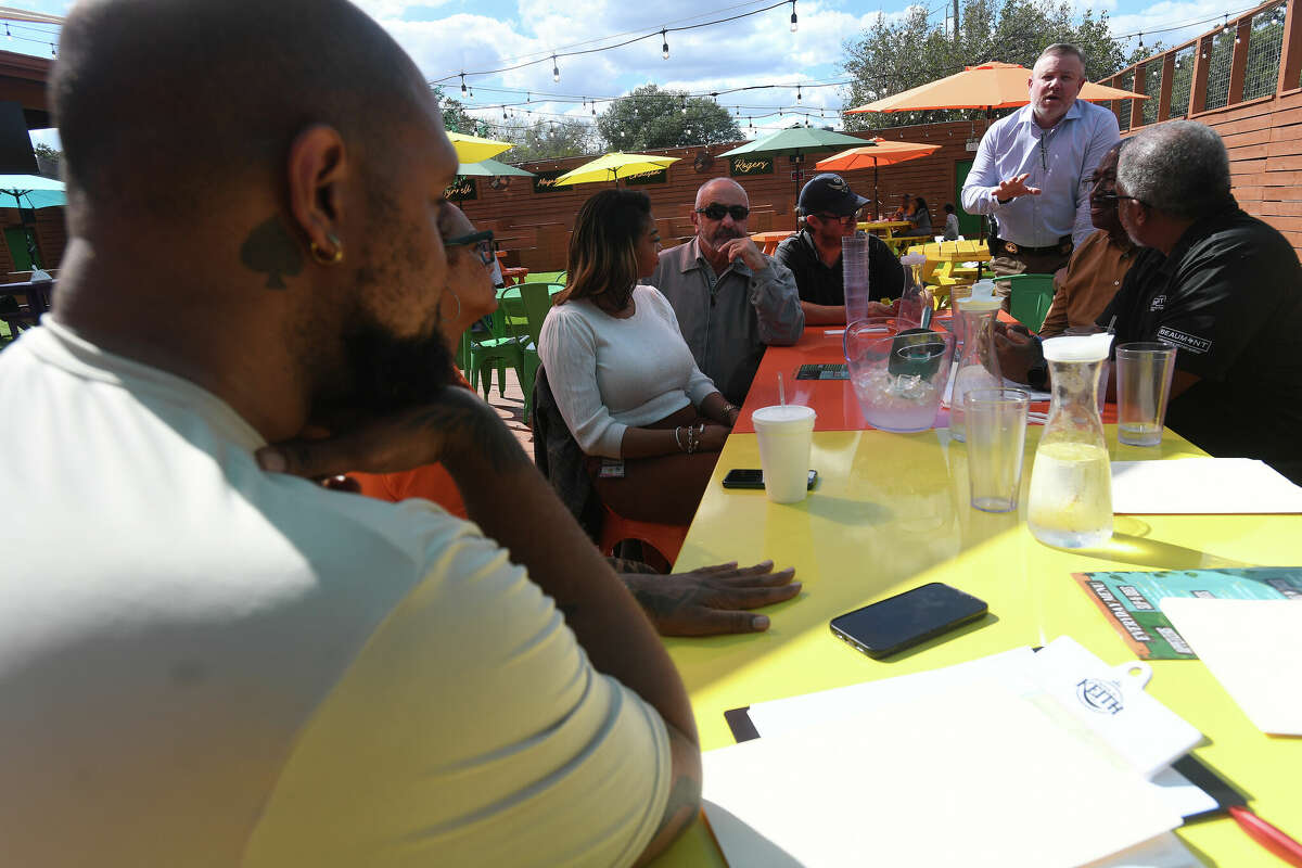 Beaumont Police Officer Jason Plunkett fielded questions about the noise ordinance and complaints during a meeting with city staff, Old Town residents and the owners of Park on Calder, which opened Sept. 2 on the site of the former Luke's. answer. Photo shoot Wednesday, October 18, 2023 Kim Brent/Beaumont Enterprise