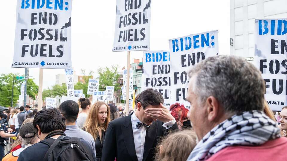 Climate protesters block entrances to the White House Correspondents Dinner in Washington in April. 