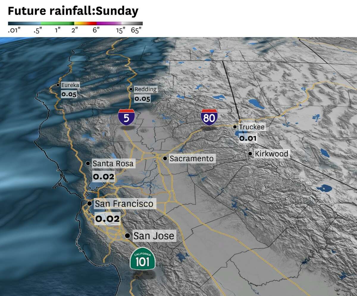Se espera una lluvia torrencial el domingo en partes del norte de California, con hasta una décima de pulgada posible a lo largo de la costa inmediata al oeste de la autopista 101. Busque salpicaduras en los valles del interior y el valle de Sacramento.