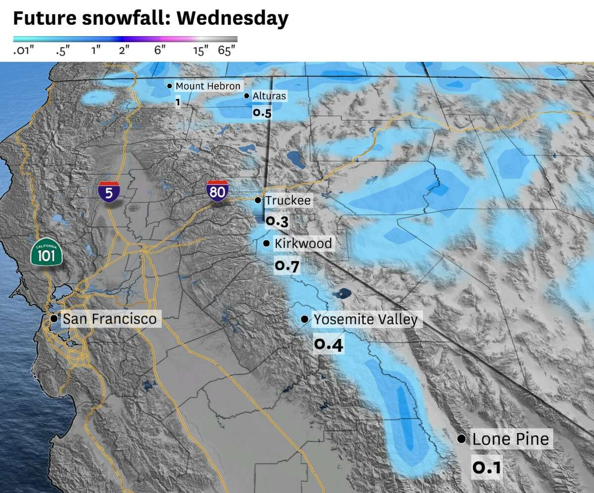 Se espera que un área fría de baja presión traiga ligeras lluvias de nieve a Sierra Nevada a mitad de semana, con posibles lluvias de nieve alrededor de Tahoe y Yosemite.