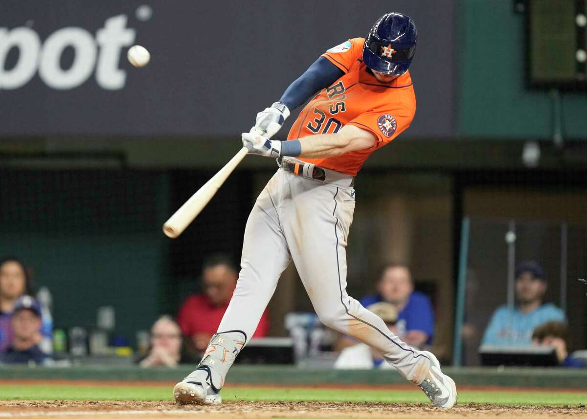 Houston Astros right fielder Kyle Tucker (30) batting in the