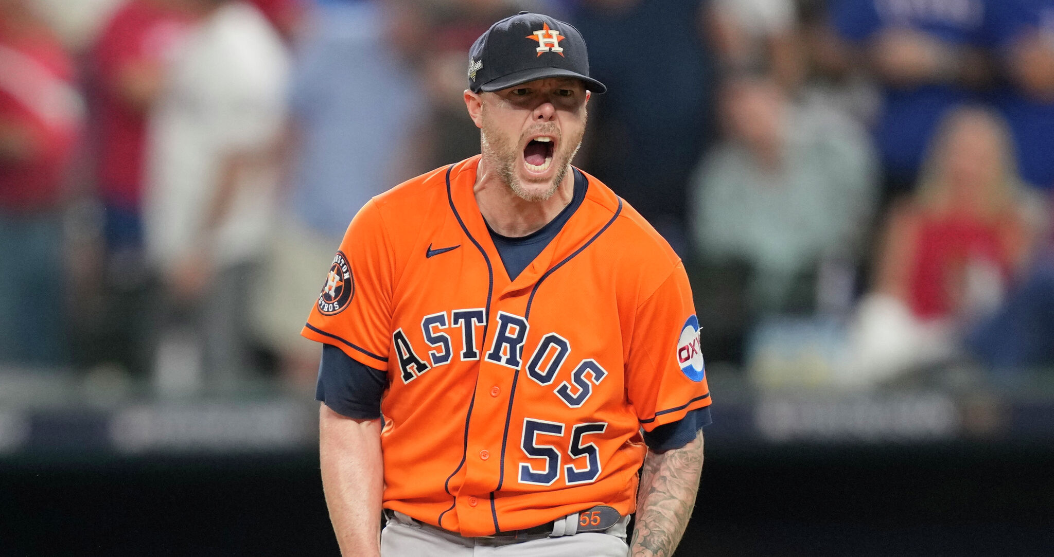 Houston Astros relief pitcher Ryan Pressly (55) celebrates getting the save  during the ninth inning of the MLB game between the New York Yankees and t  Stock Photo - Alamy
