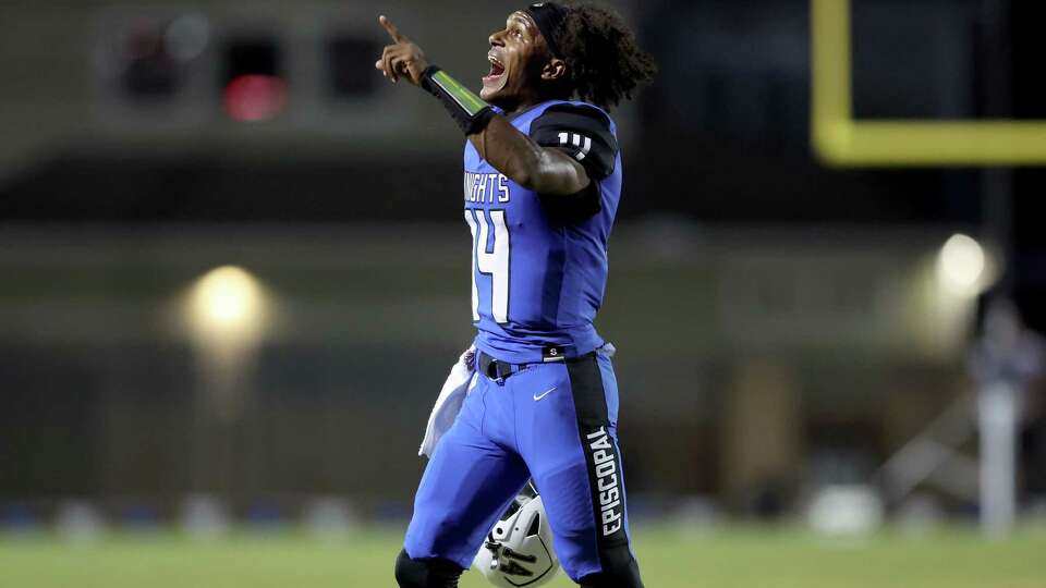 Episcopal Knights quarterback Karson Gordon (14) reacts during the high school football game between the Episcopal Knights and the Kinkaid Falcons at Simmons Field in Bellaire, TX on Friday October 20, 2023. Episcopal leads Kinkaid 21-14 at halftime.