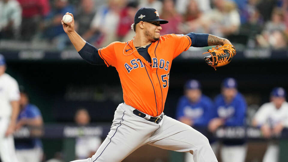 Houston Astros relief pitcher Bryan Abreu (52) delivers during the eighth inning of Game 3 of the American League Championship Series at Globe Life Field on Wednesday, Oct. 18, 2023, in Arlington.