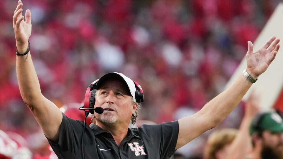 Houston Cougars head coach Dana Holgorsen reacts as referees call for a measurement after they initially awarded the Cougars a first down in the fourth quarter of an NCAA college football game at TDECU Stadium, Saturday, Oct. 21, 2023, in Houston.