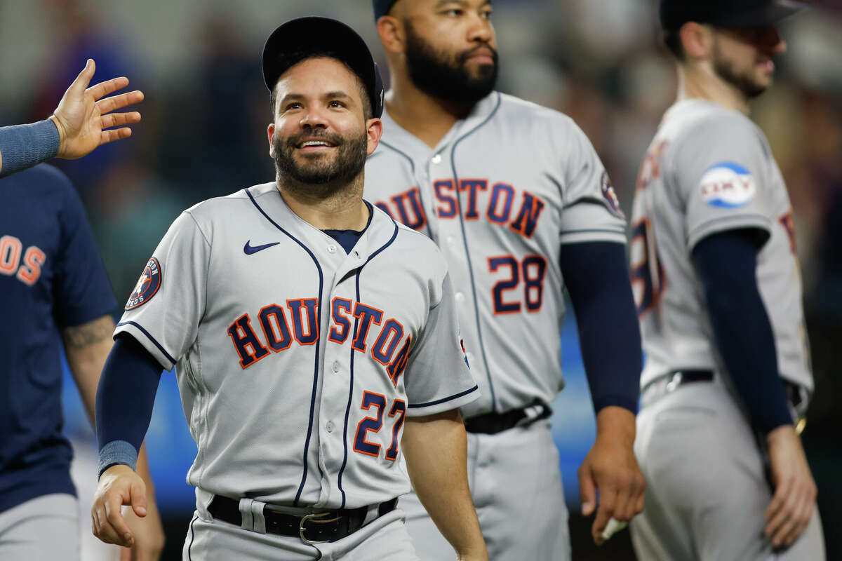 Jose Altuve #27 of the Houston Astros reacts after the team's win over the Texas Rangers at Globe Life Field on Wednesday, September 6, 2023 in Arlington, Texas. 