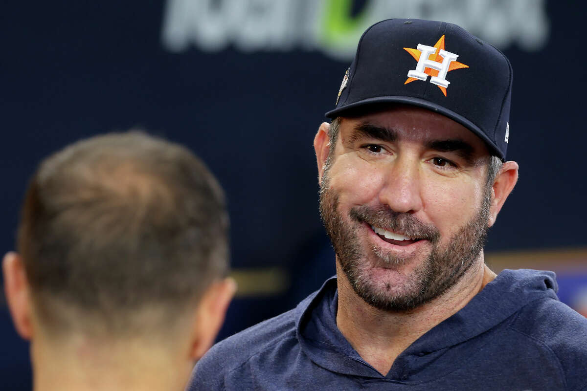 Justin Verlander #35 of the Houston Astros speaks to the media before Game Four of the Championship Series against the Texas Rangers at Globe Life Field on October 19, 2023 in Arlington, Texas. 