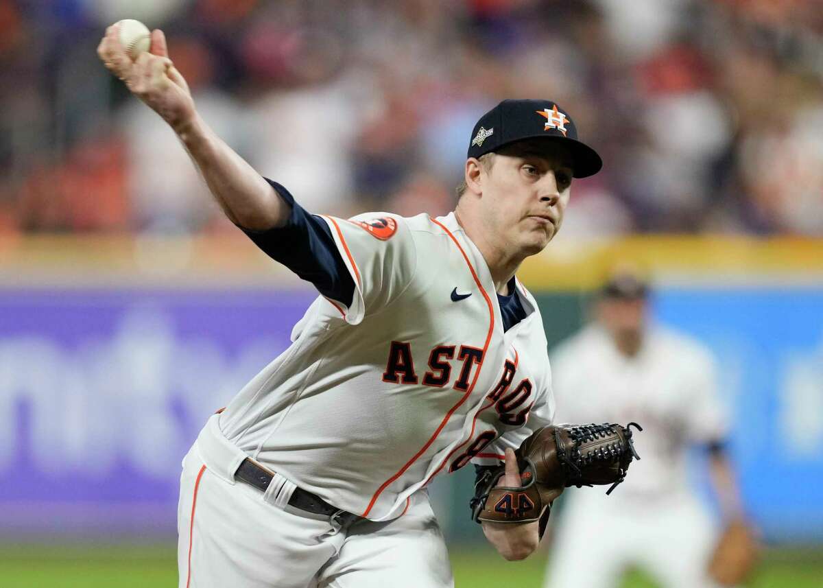 Houston Astros relief pitcher Phil Maton throws during the sixth