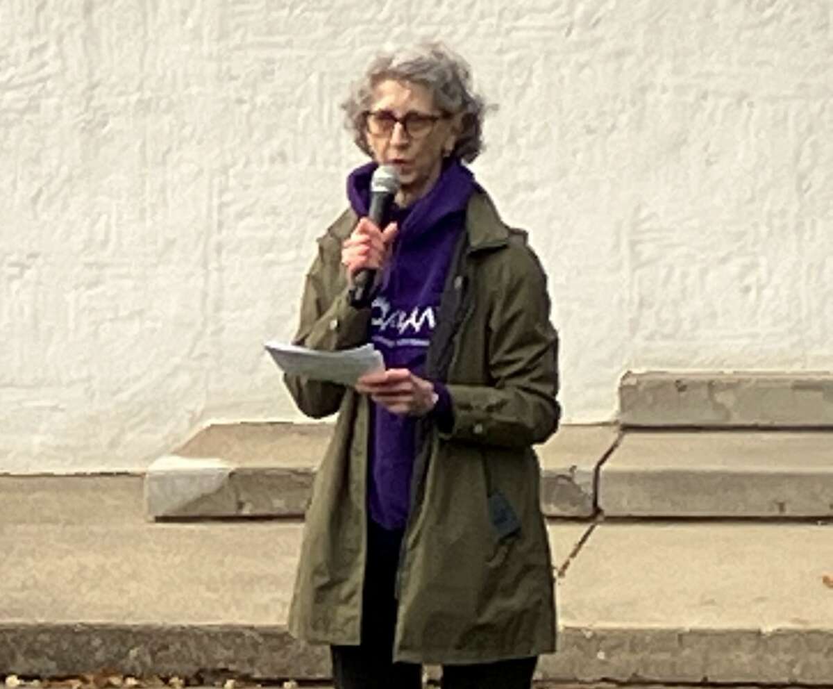 Allison Wilcox of Women of Michigan Action Network speaks at the beginning of a candlelight vigil held in Central Park Monday evening to express sympathy for the many lives lost recently in Israel and Gaza and to pray for peace.