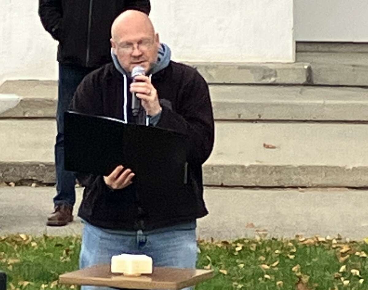 The Rev. Eric Severson of Unitarian Universalist Fellowship of Midland was one of four speakers from various congregations who spoke Monday night at a candlelight vigil held in Central Park to express sympathy for the many lives lost recently in Israel and Gaza and to pray for peace.
