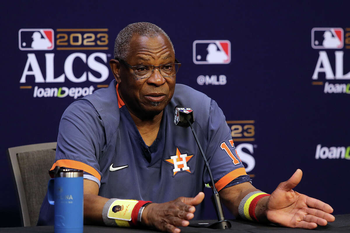 Manager Dusty Baker Jr. #12 of the Houston Astros takes questions from the media ahead of the American League Championship Series against the Texas Rangers at Minute Maid Park on October 14, 2023 in Houston, Texas. 