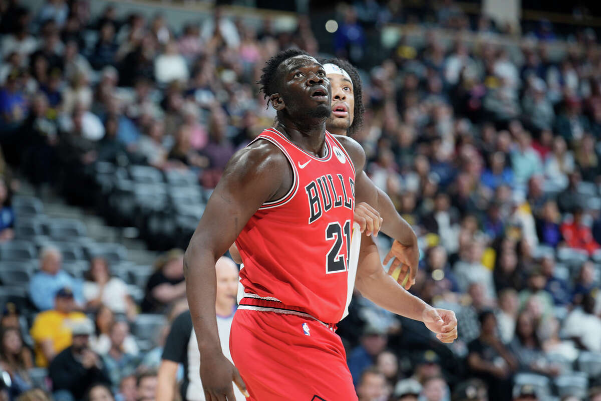 Chicago Bulls forward Adama Sanogo in the first half of a preseason NBA basketball game Sunday, Oct. 15, 2023, in Denver. (AP Photo/David Zalubowski)