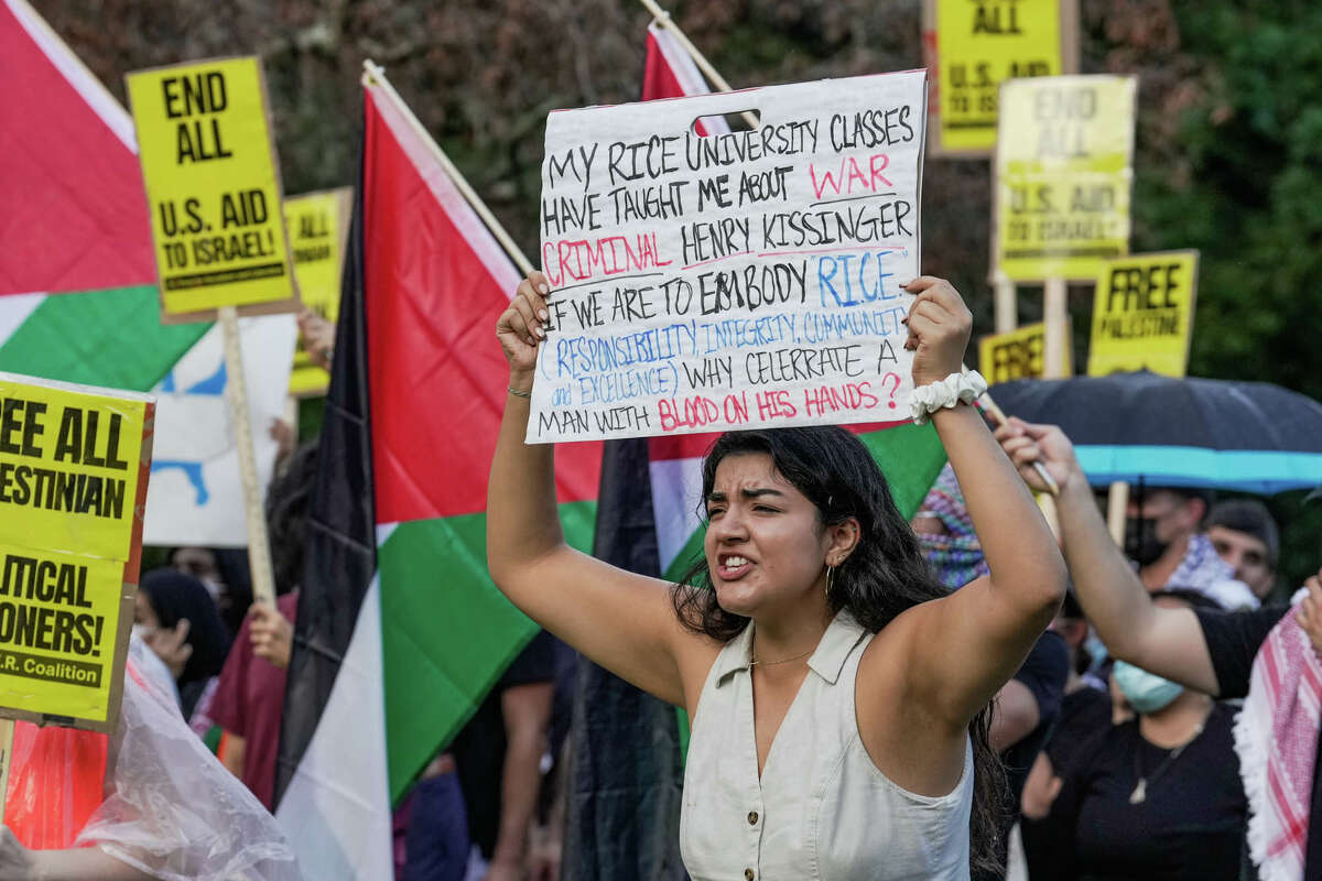 Student Lucia Fernandez joins over a hundred people and the 'Students for Justice in Palestine' to protest the Baker Institute's 30th Anniversary Gala at Rice University on Thursday, Oct. 26, 2023, in Spring.