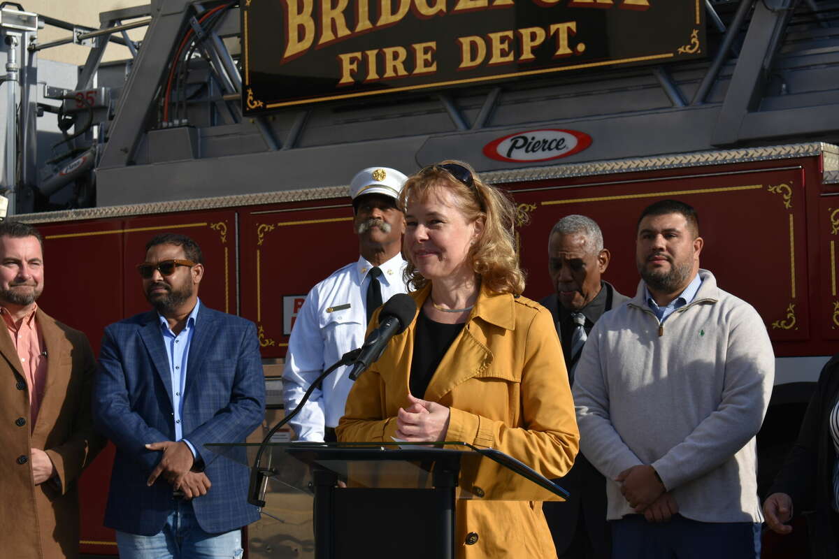 Cadenza Innovation CEO Christina Lampe-Onnerud speaks on Tuesday, Oct. 31, 2023, at the Bridgeport Fire Department headquarters on Congress Street in Bridgeport, Conn. The department is installing a storage battery from Cadenza, which has its headquarters in Danbury.