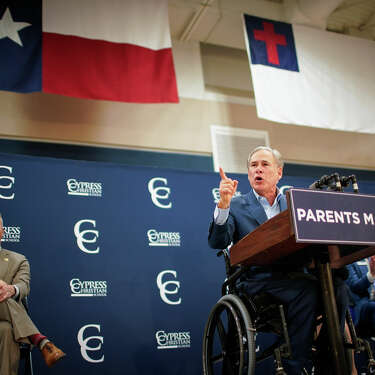 Gov. Greg Abbott speaks about a school voucher plan during a rally Tuesday March 21, 2023, at Cypress Christian School in Houston. Abbott and his allies say the voucher effort is about school choice. Critics say they are private school vouchers that allow people to take money out of the public school system to benefit private schools.