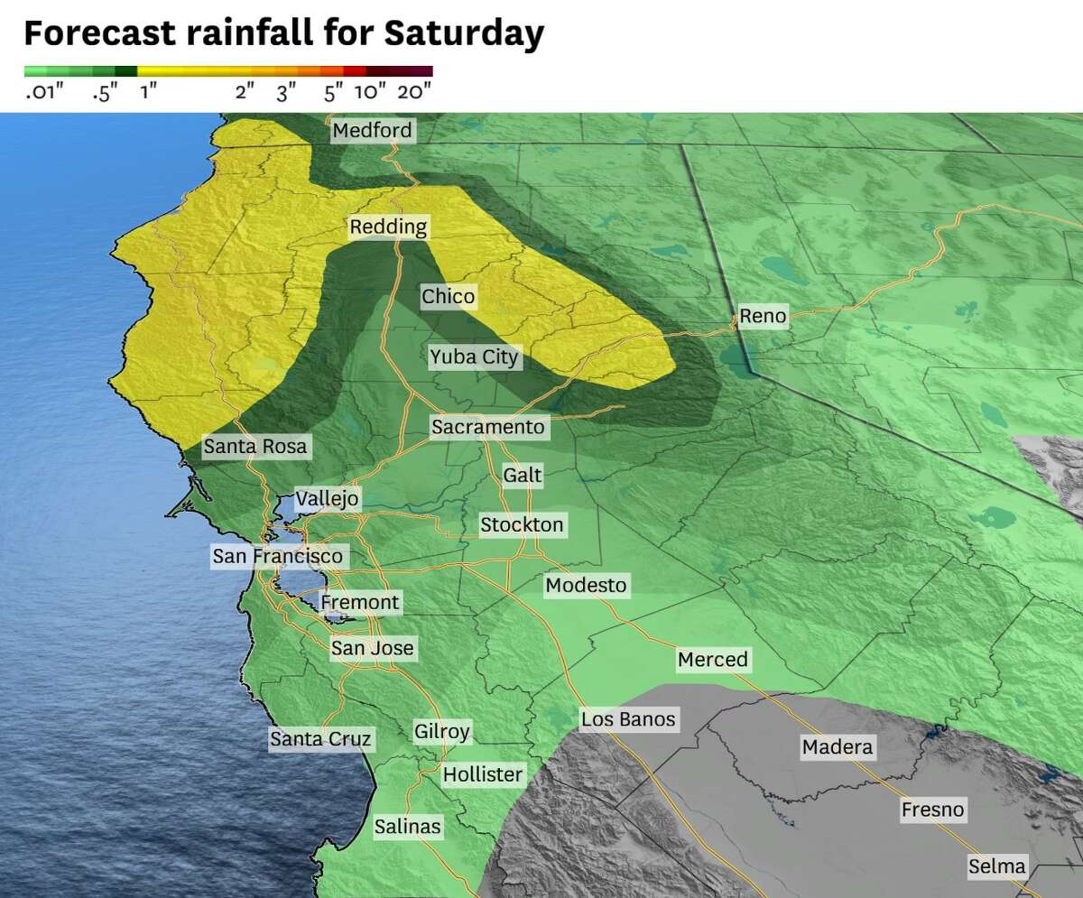 Se espera que caiga más de una pulgada de lluvia el sábado en partes de North Bay, especialmente al norte de Santa Rosa.  Los totales de precipitación estarán más cerca de una décima de pulgada en todo el Área de la Bahía.