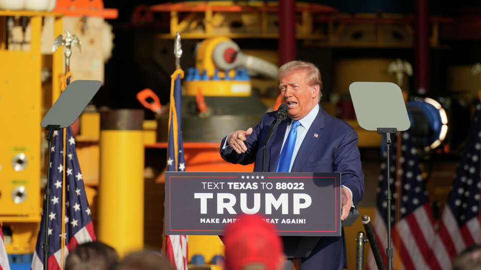 Donald Trump speaks on stage near deep sea machinery during his event at Trendsetter Engineering on Thursday, Nov. 2, 2023, in Houston.