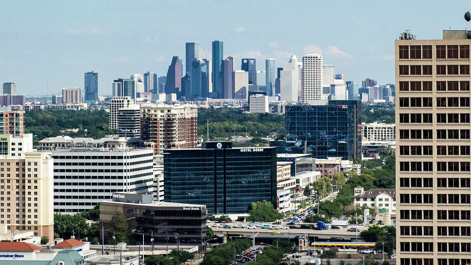 The downtown Houston skyline is visible from the roof of the Galleria Doubletree Hotel in Houston, Friday, Nov. 3, 2023