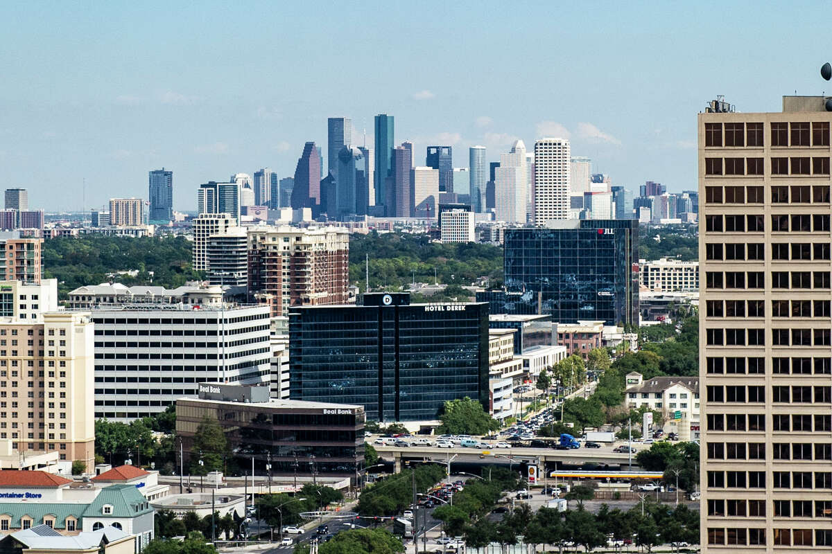 The downtown Houston skyline is visible from the roof of the Galleria Doubletree Hotel in Houston, Friday, Nov. 3, 2023