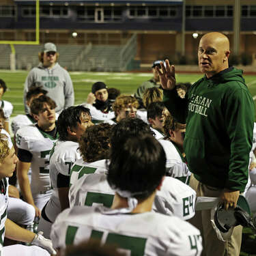 Reagan head coach Lyndon Hamilton addresses his team after the UIL football game against Brandeis Friday, Nov. 3, 2023, at Farris Stadium in San Antonio, Texas.