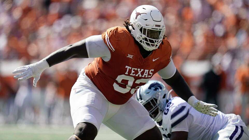 Texas defensive lineman T'Vondre Sweat (93) during the second half of an NCAA college football game against Kansas State in Austin, Texas, Saturday, Nov. 4, 2023. (AP Photo/Eric Gay)