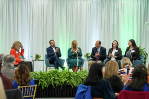 Bexar County Fostering Educational Success Pilot Project pantel celebration on Nov. 3 at University of Texas at San Antonio From left, Peggy Eighmy, UTSA First Lady; State Sen. José Menéndez; Bexar County Children's Court Judge Charles Montemayor; Airika Crawford,  Bexar County Fostering Educational Success Program Senior Director; Megan Piel, UTSA Department of Social Work  Associate Professor; and UTSA senior Gabriella Bocanegra, who's participated in the program since 2020.