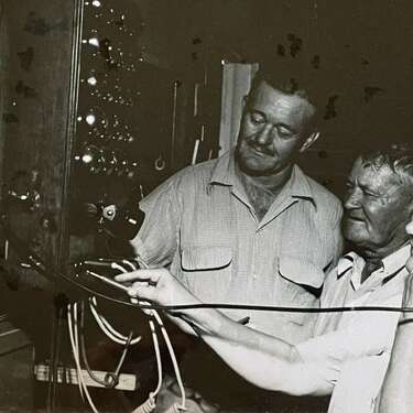 This 1955 photo shows Hulda Specht using the original 1918 switchboard at Specht's Store, now Spechts Texas. Hulda's husband Richard Specht took over the general store from his father, William Specht.