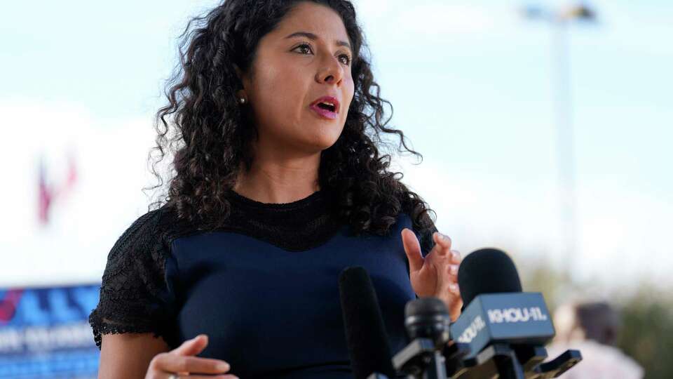 Harris County Judge Lina Hidalgo speaks during a press conference before voting on Election Day on Tuesday, Nov. 7, 2023 at West Gray Multiservice Center in Houston.