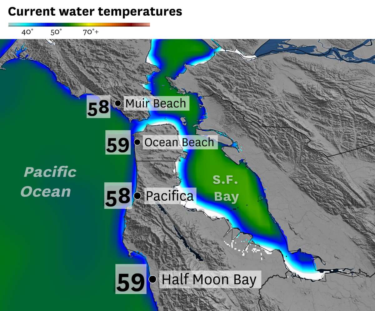 Water temperatures along the coast as of Tuesday, with temperatures generally in the upper 50s.