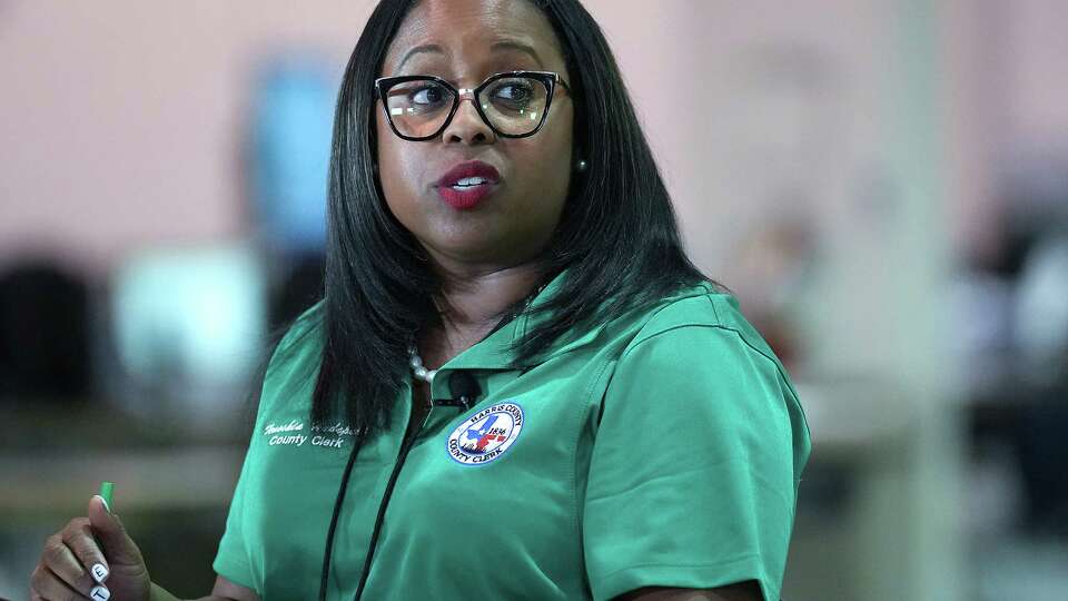 Harris County Clerk Teneshia Hudspeth addresses the media as ballots arrive and are counted at NRG Stadium on Tuesday, Nov. 7, 2023 in Houston.