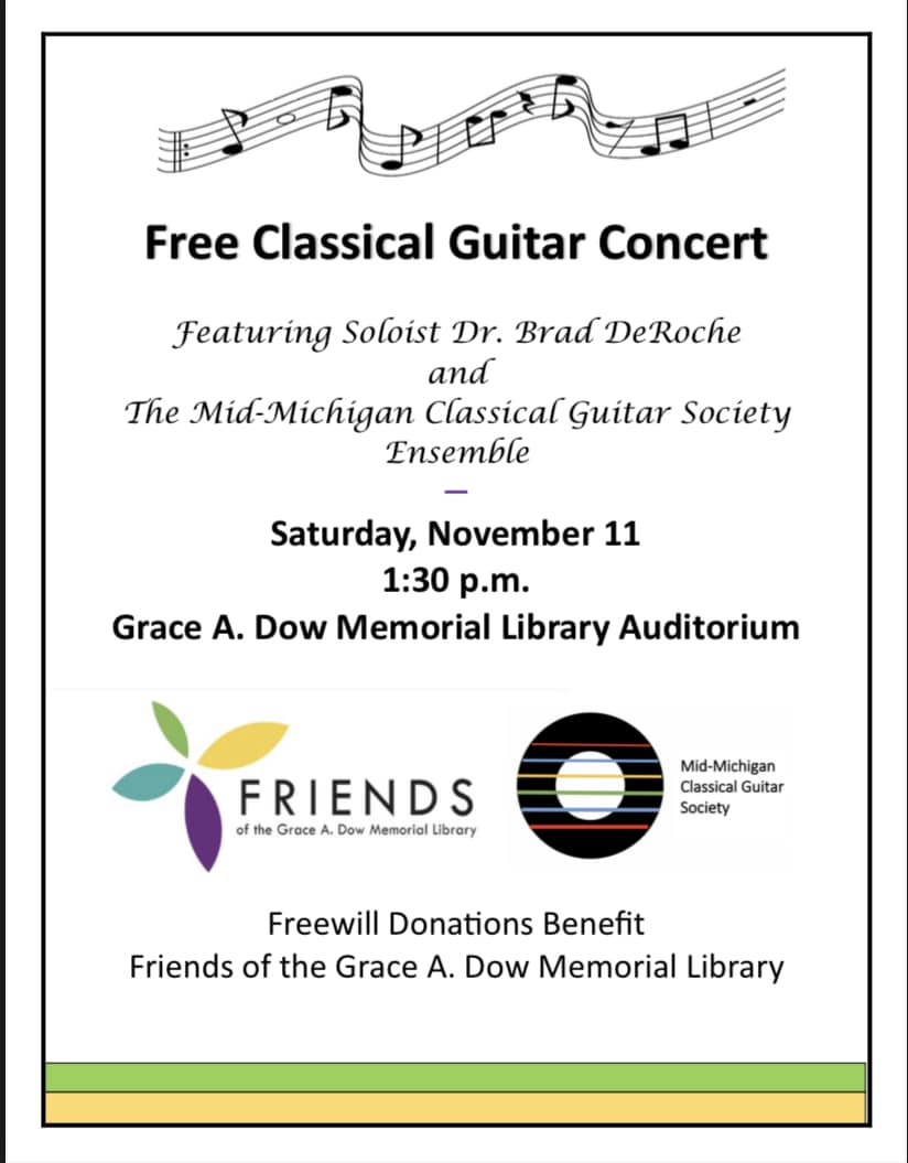 Classical guitar concert coming to Grace. A Dow Library Saturday